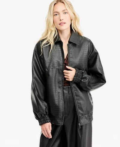 Bar Iii Women's Croc-Embossed Faux-Leather Oversized Bomber Jacket, Macy's Exclusive