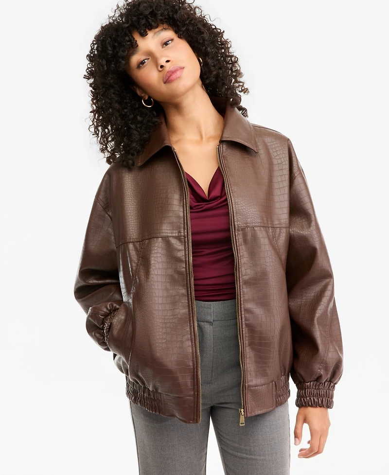 Bar Iii Women's Croc-Embossed Faux-Leather Oversized Bomber Jacket, Macy's Exclusive