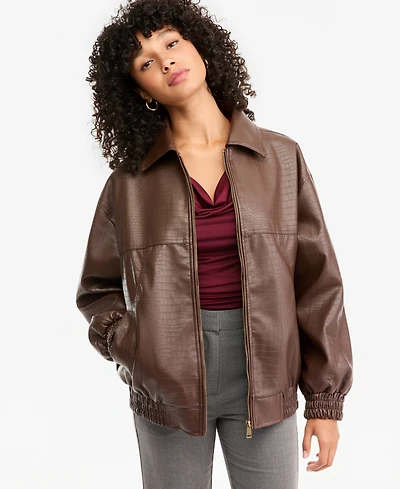 Bar Iii Women's Croc-Embossed Faux-Leather Oversized Bomber Jacket, Macy's Exclusive