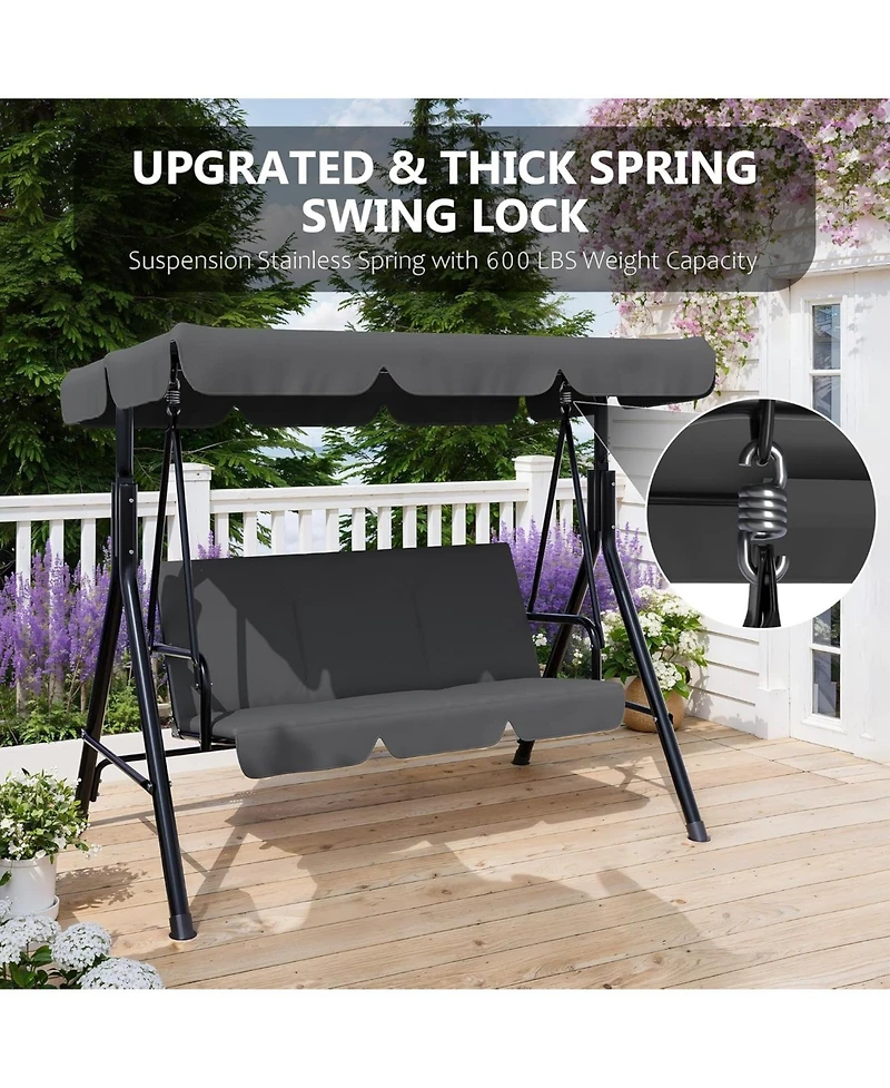 homfan Outdoor Porch Swing with Adjustable Canopy and Stand, 3-Seat Grey Patio Swing Chair for Garden