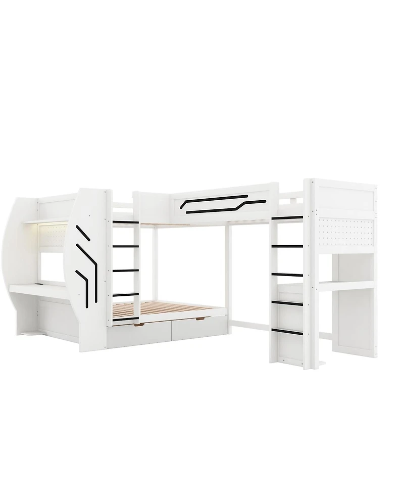 Streamdale Furniture L-Shaped 3-in-1 Gaming Bunk Bed with Desks, Charging Station and Storage