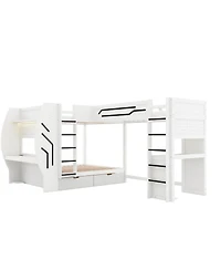 Streamdale Furniture L-Shaped 3-in-1 Gaming Bunk Bed with Desks, Charging Station and Storage