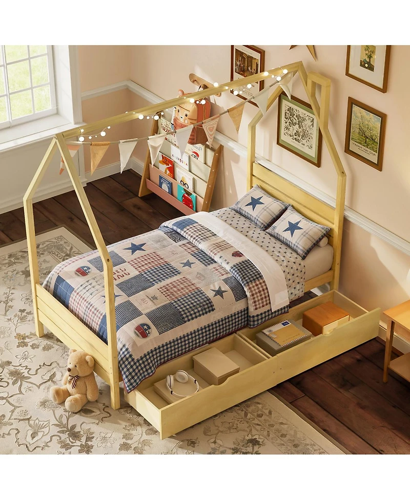 Streamdale Furniture Montessori Twin House Bed Frame with 2 Storage Drawers, Natural Wood
