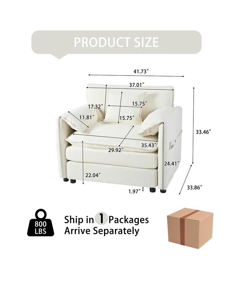 Clihome Oversized 41.73" Sofa Chair, Modern Upholstered Armchair with 1 Toss Pillow, Modular Sectional for Living Room