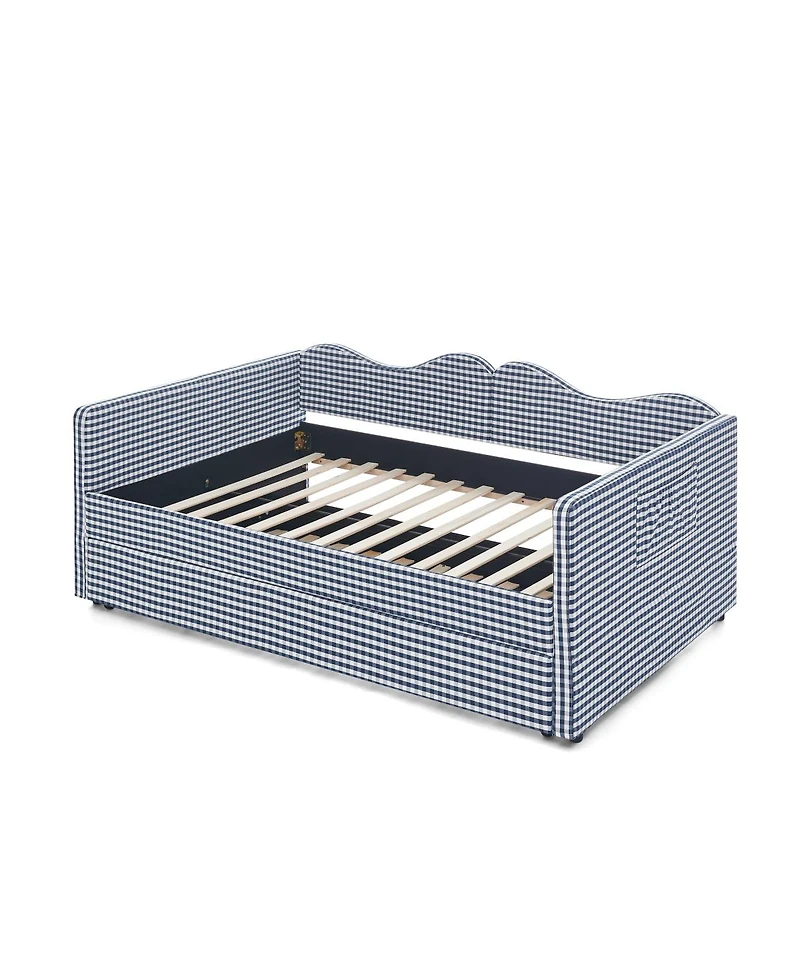 Streamdale Furniture Gingham Upholstered Full-Size Daybed with Trundle and Side Storage Pocket