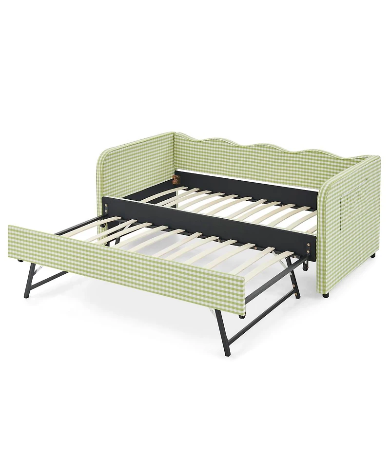 Streamdale Furniture Gingham Upholstered 3-in-1 Twin Daybed with Trundle and Side Pockets