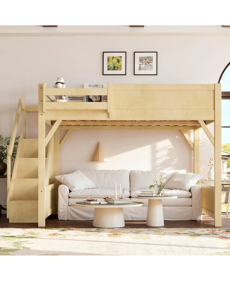 Streamdale Furniture Queen Size Solid Wood Loft Bed with Wardrobe, Storage, and Stairs