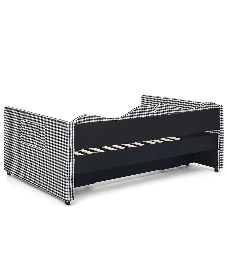 Streamdale Furniture Gingham Upholstered Full-Size Daybed with Trundle and Side Storage Pocket