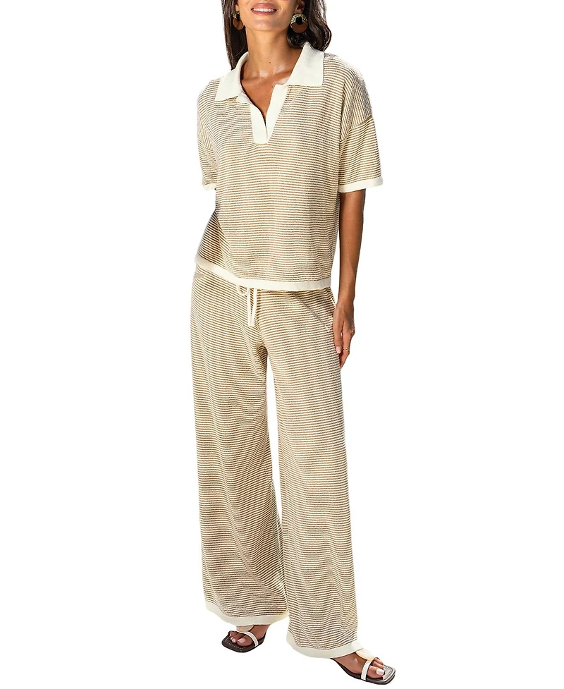 Cupshe Women's Sand Stripe Collared Knit Wide Leg Two Piece Set