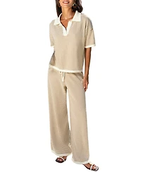Cupshe Women's Sand Stripe Collared Knit Wide Leg Two Piece Set