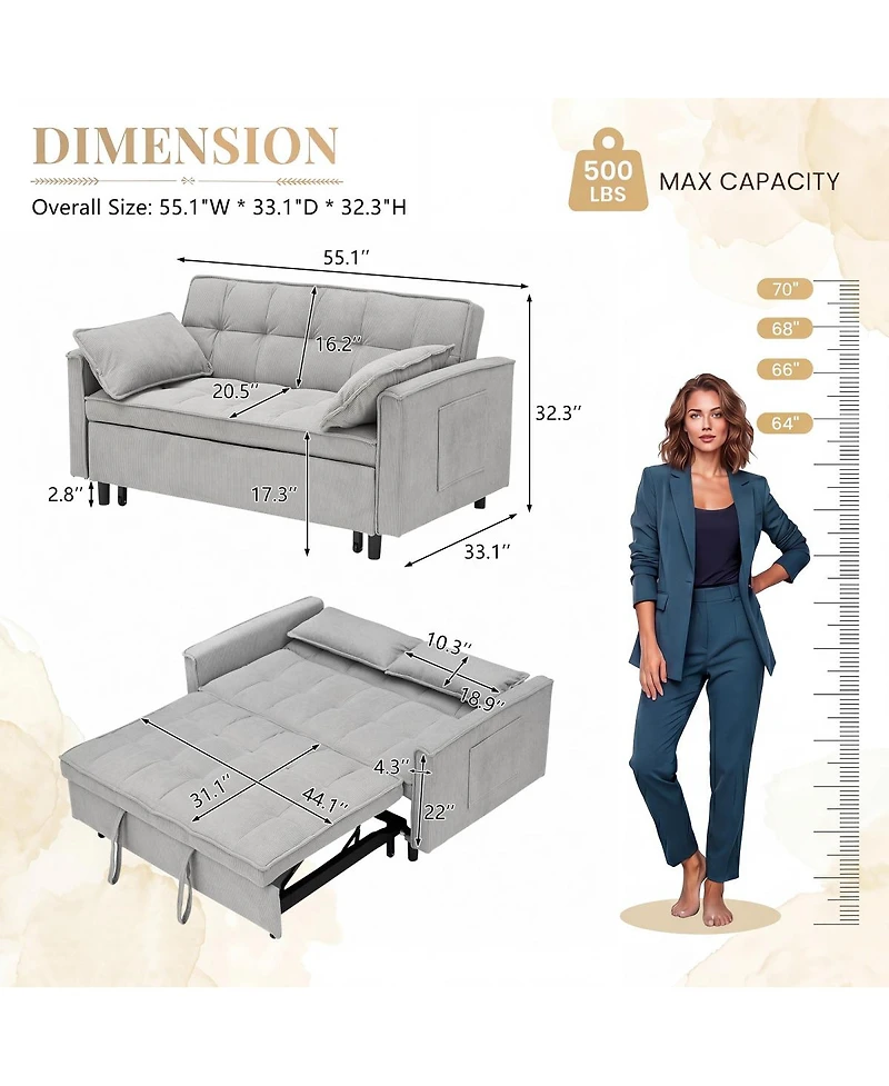 Streamdale Furniture Corduroy Modular Sleeper Sofa with Pull Out Bed