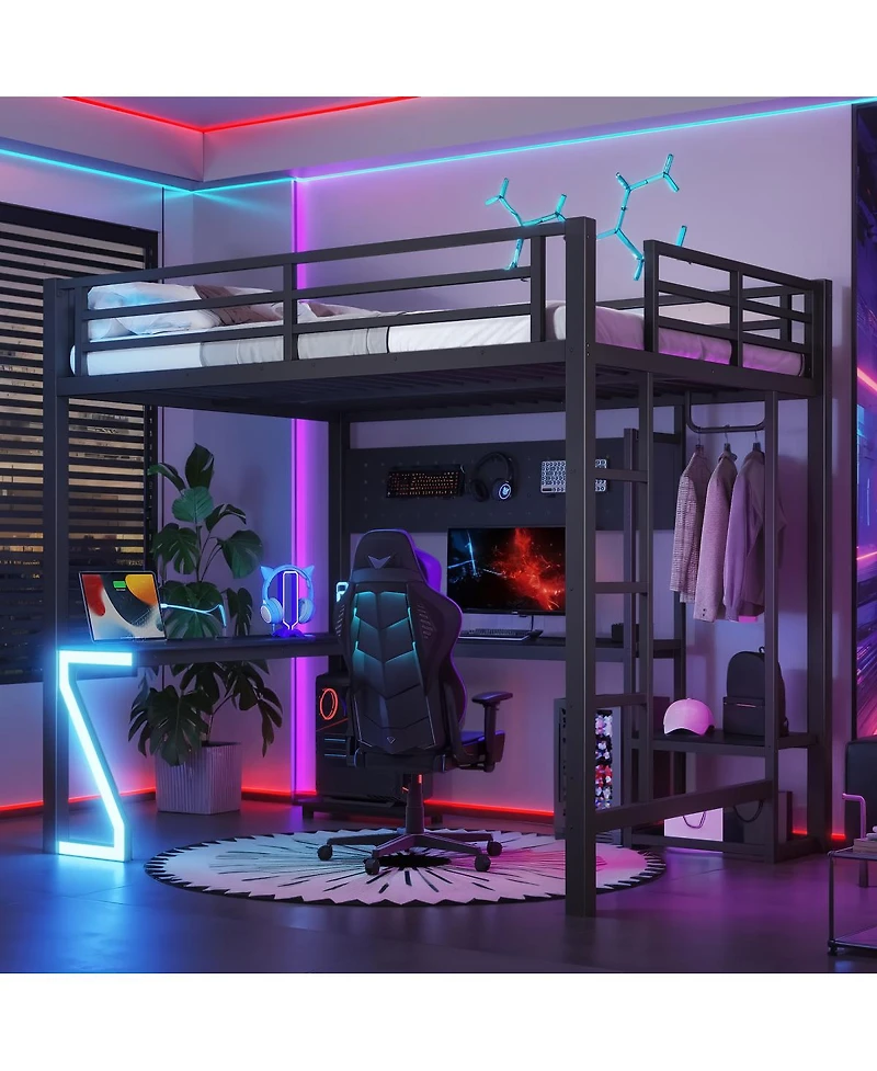 Streamdale Furniture Full Loft Bed with L-Shaped Desk, Usb Ports, and Gaming Lights