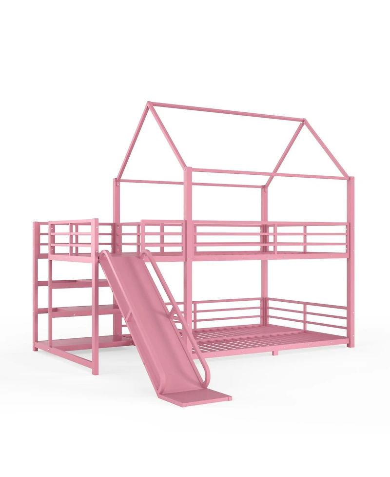 Streamdale Furniture Full Metal House Bunk Bed with Storage Stairs, Slide, Safety Rails