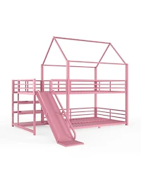 Streamdale Furniture Full Metal House Bunk Bed with Storage Stairs, Slide, Safety Rails