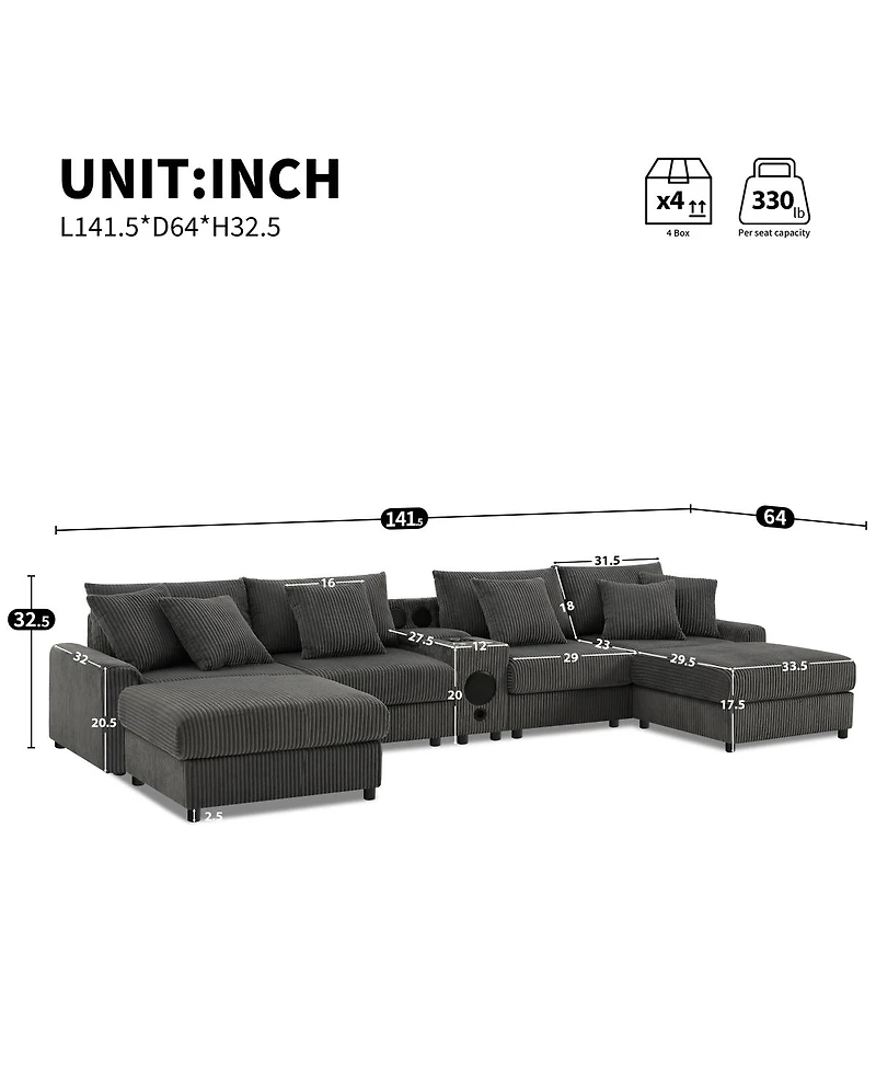 Streamdale Furniture Corduroy U-Shaped Sectional Sofa with Bluetooth Speakers and Storage