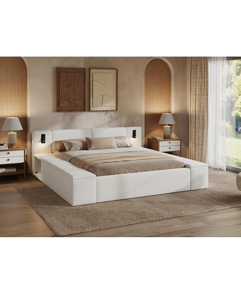 Streamdale Furniture Queen Teddy Fleece Platform Bed with Hidden Storage, Nightstands and Led Lights