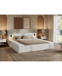 Streamdale Furniture Queen Teddy Fleece Platform Bed with Hidden Storage, Nightstands and Led Lights