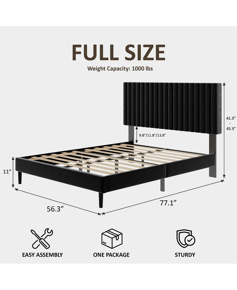 Streamdale Furniture Velvet Upholstered Full Size Platform Bed with Adjustable Headboard