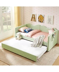 Streamdale Furniture Gingham Upholstered Twin Daybed with Trundle and Side Storage Pocket