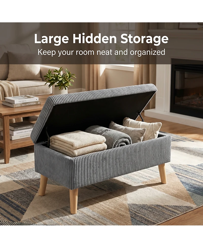 Streamdale Furniture Corduroy Flip-Top Storage Ottoman Bench with Wooden Legs