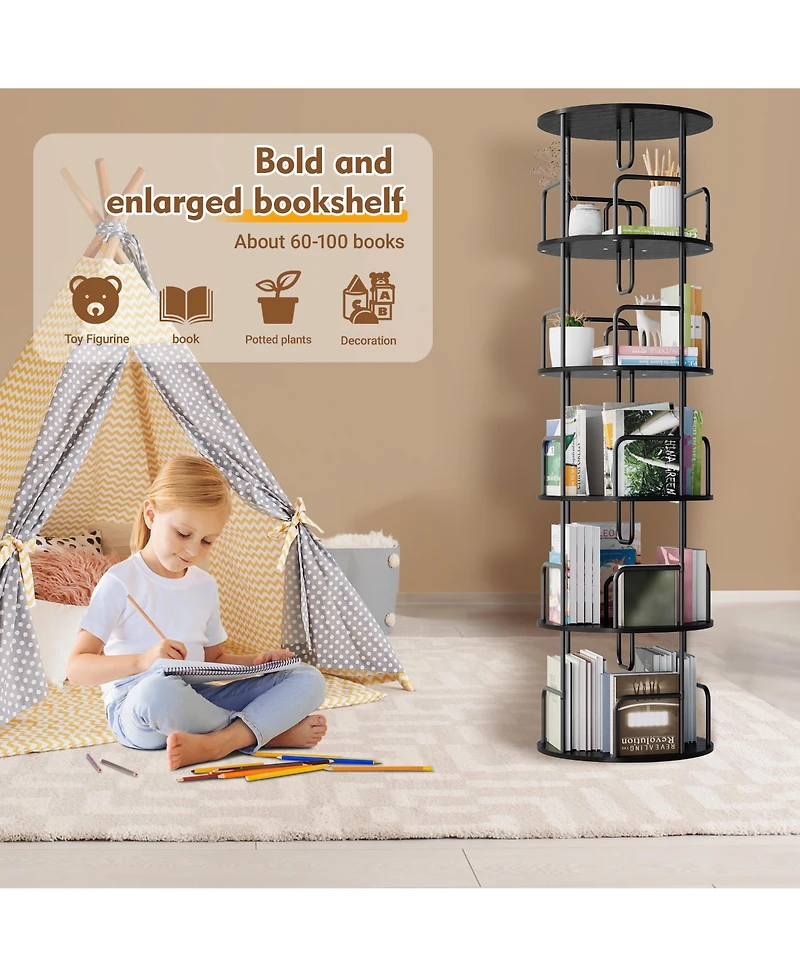flynama 5-Tier 360 Degree Rotating Bookshelf Tower Stable Metal Frame Vertical Round Home Bedroom Storage Rack