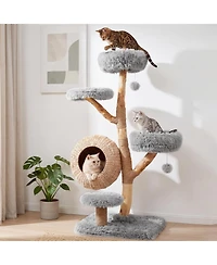 Gymax 5-Tier Cat Tree 53'' Wooden Tower With Woven Condo Plush Perches for Indoor