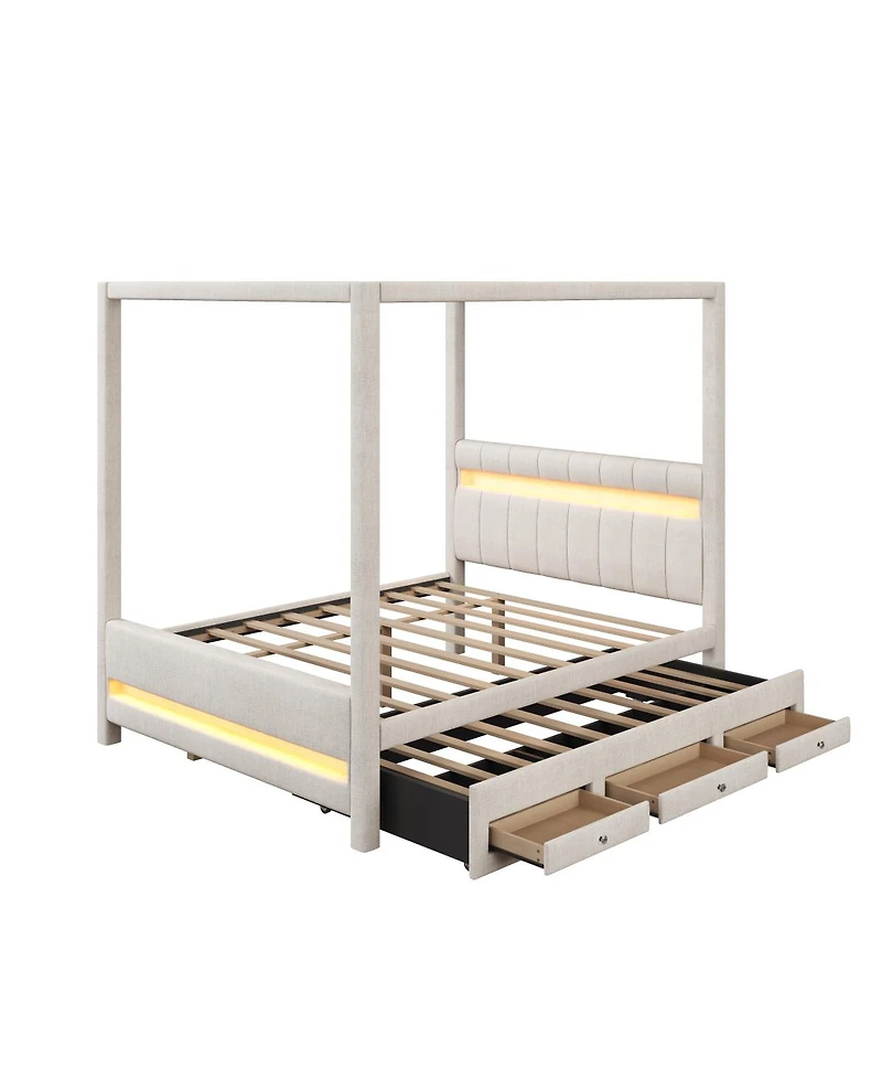 Streamdale Furniture Queen Upholstered Canopy Platform Bed with Led Lights, Trundle and 3 Drawers