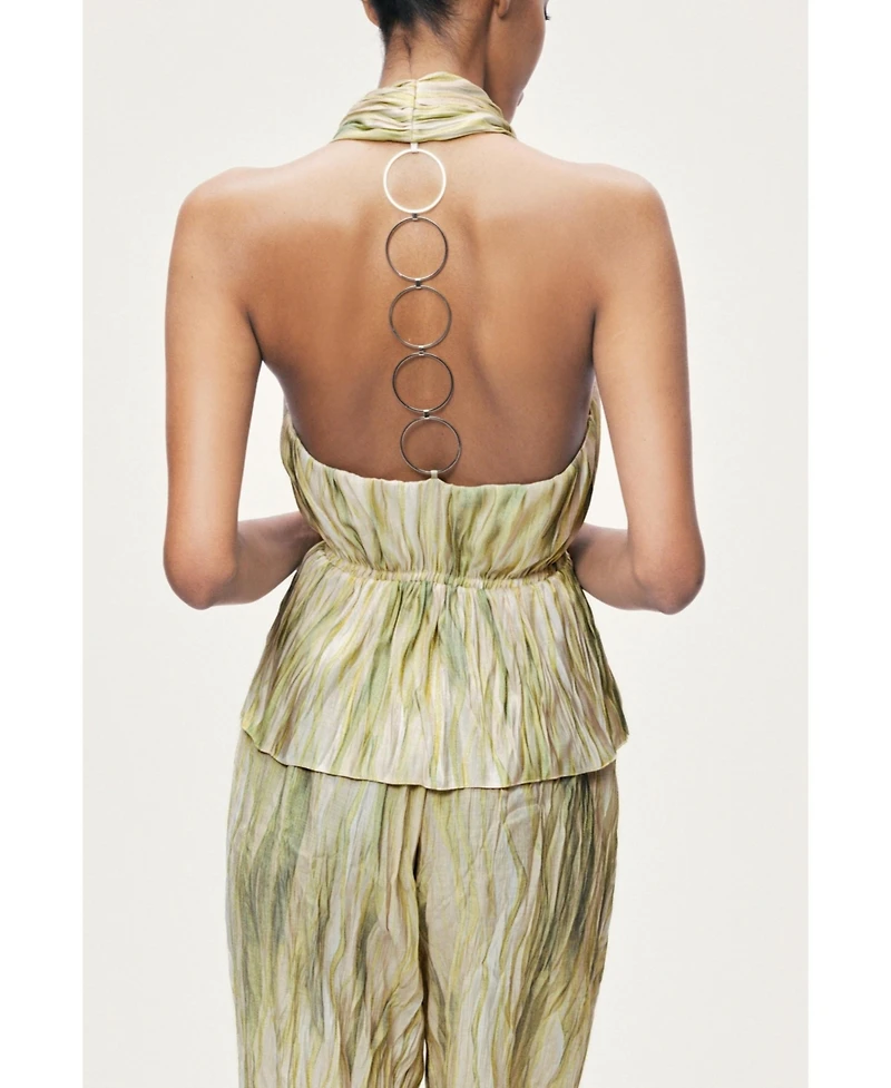Nocturne Women's Halterneck Peplum Top with Ring Chain Back Detail