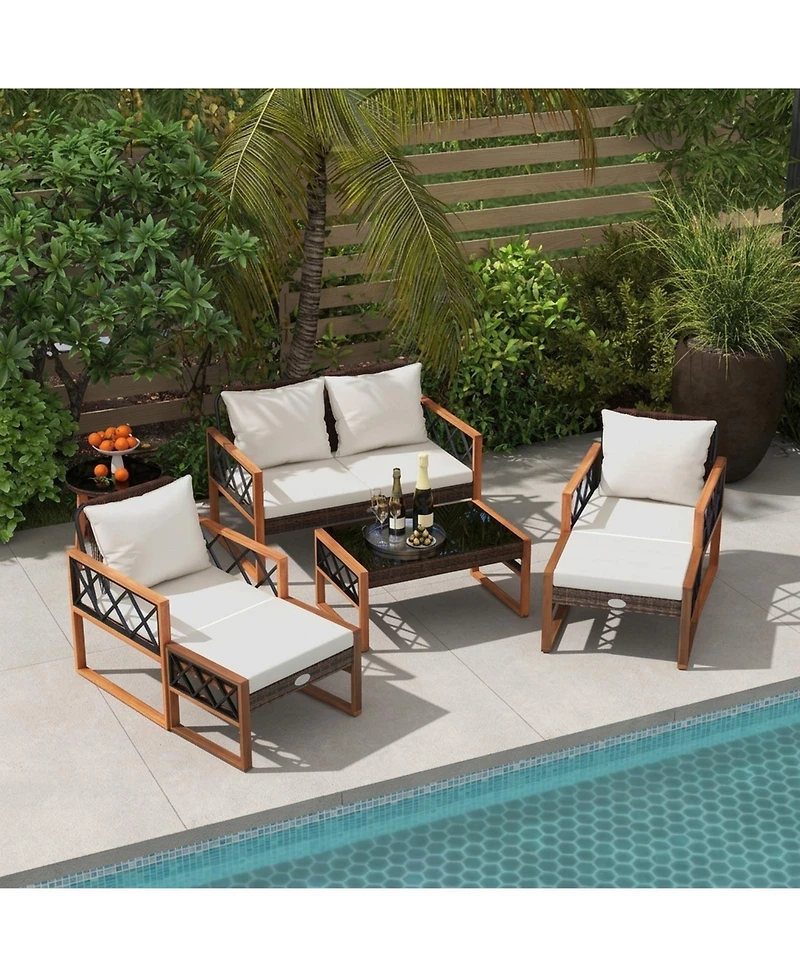 Sugift 7-Piece Pe Wicker Outdoor Sofa Set with Ottomans and Acacia Wood Accents