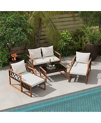 Sugift 7-Piece Pe Wicker Outdoor Sofa Set with Ottomans and Acacia Wood Accents