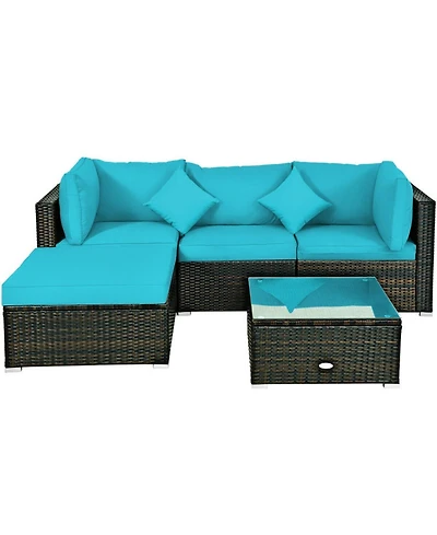 Sugift 5 Piece Outdoor Patio Rattan Sectional Conversation Furniture Set with Cushions