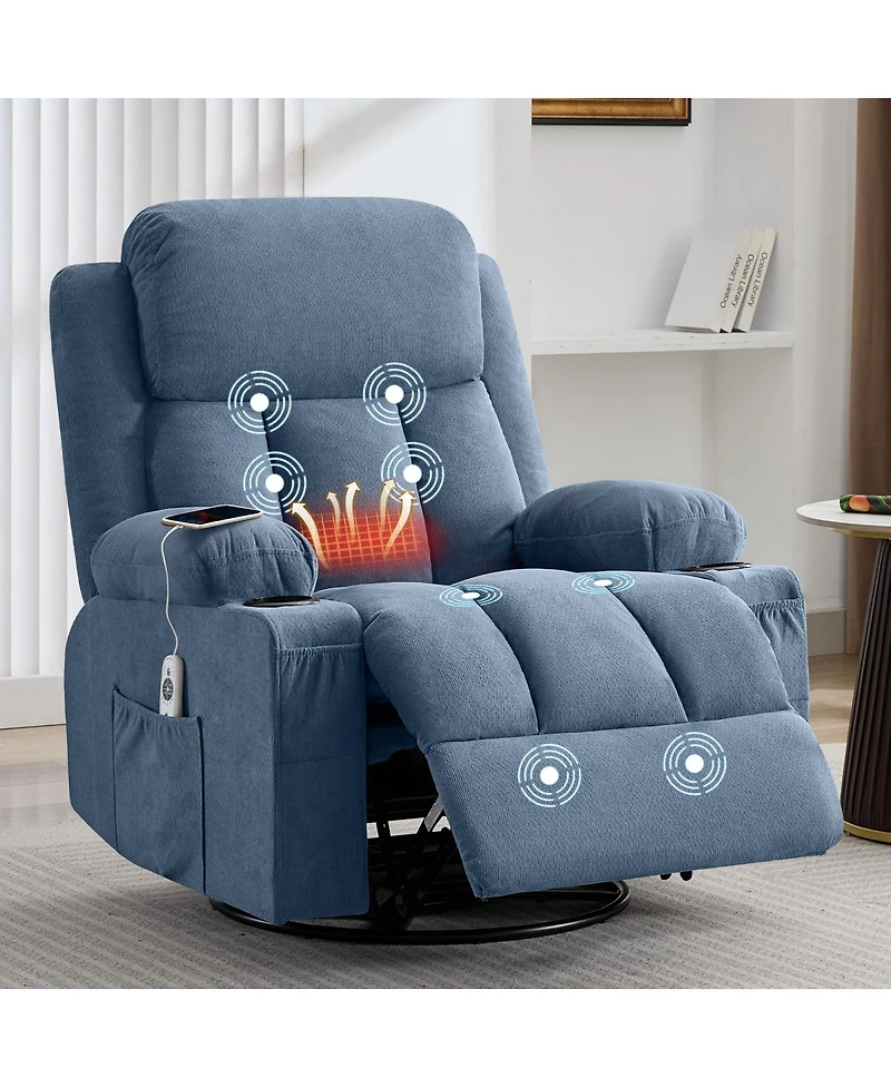 Streamdale Furniture Swivel Rocker Recliner with Massage, Heat, Usb Port, and Cup Holders