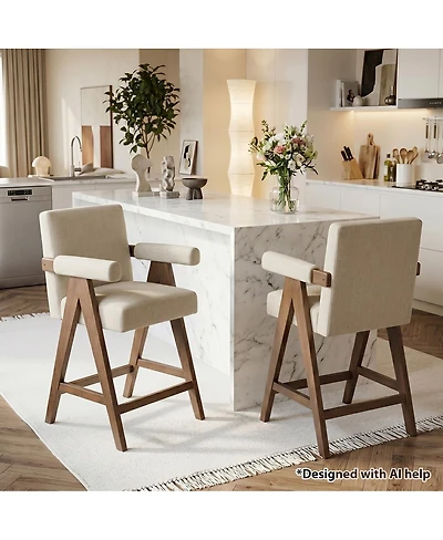 Maison Boucle Set of 2 Upholstered Counter Height Bar Stools with Arms, Polyester Blend, Solid Wood Frame