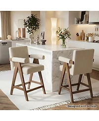 Maison Boucle Set of 2 Upholstered Counter Height Bar Stools with Arms, Polyester Blend, Solid Wood Frame