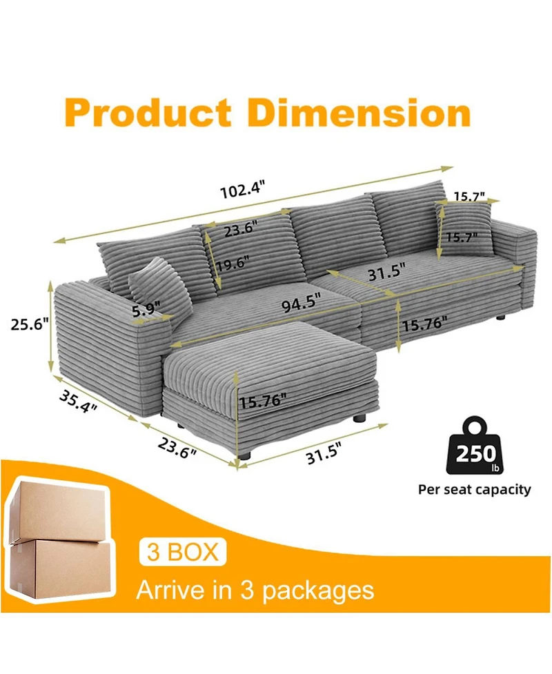 Streamdale Furniture 102.4" Modern Plush Corduroy 4-Seat Cloud Sofa with Movable Ottoman
