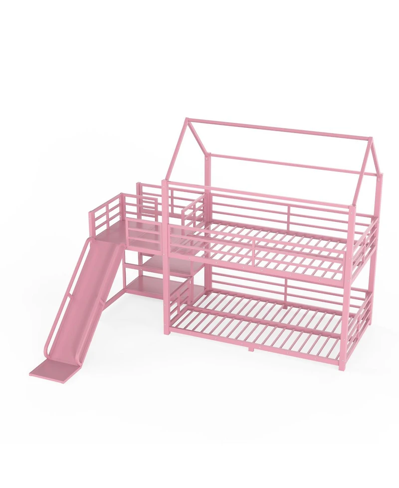 Streamdale Furniture Twin metal House Bunk Bed with Storage Stairs, Slide, Safety Rails