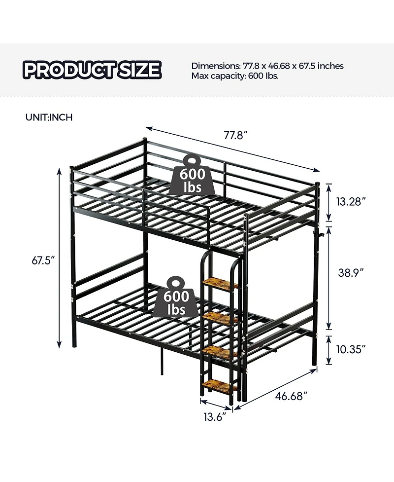 Streamdale Furniture Twin Over Twin Metal Bunk Bed with Ladder, Space Saving