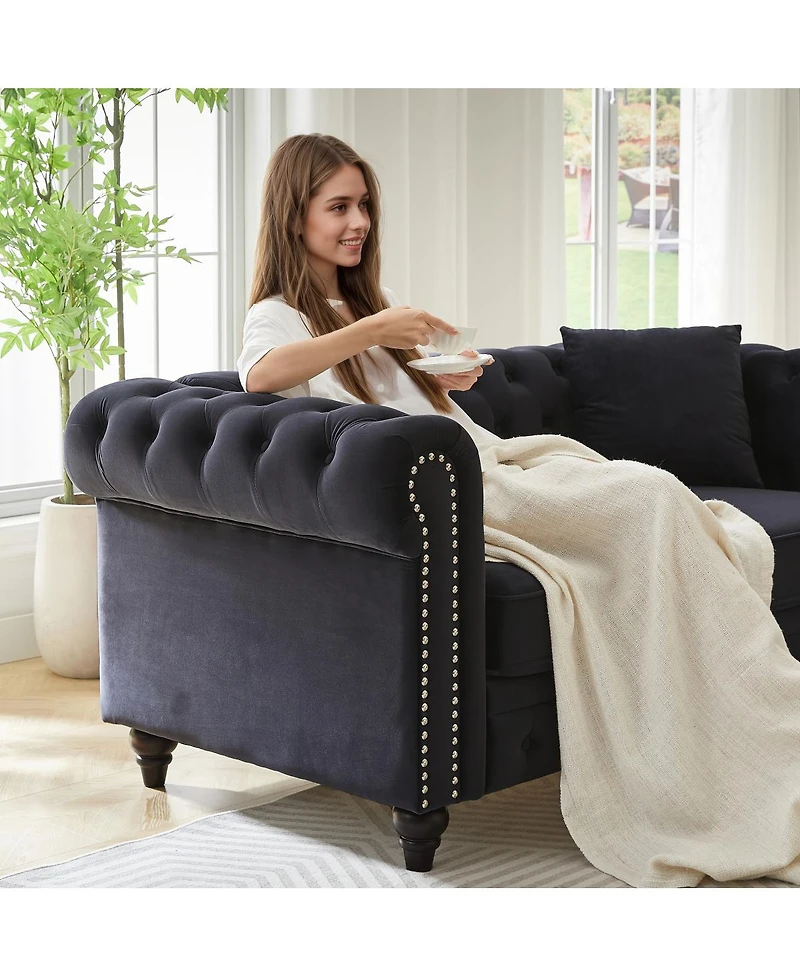 Streamdale Furniture 63.5" Modern Velvet Chesterfield Sofa with Button Tufting and 2 Pillows