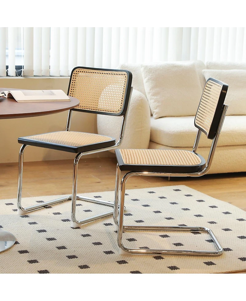 Streamdale Furniture Set of 2 Rattan Mid-Century Modern Dining Chairs with Chrome Legs