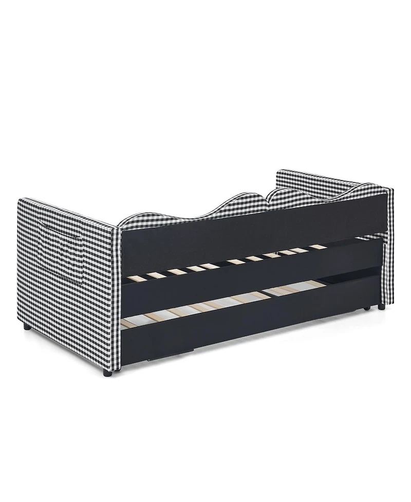 Streamdale Furniture Gingham Upholstered Twin Daybed with Trundle and Side Storage Pocket