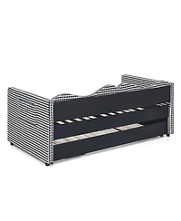 Streamdale Furniture Gingham Upholstered Twin Daybed with Trundle and Side Storage Pocket