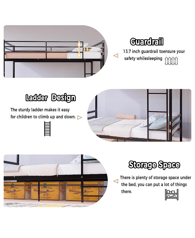 Streamdale Furniture Twin Over Twin Metal Bunk Bed with Flat Ladder