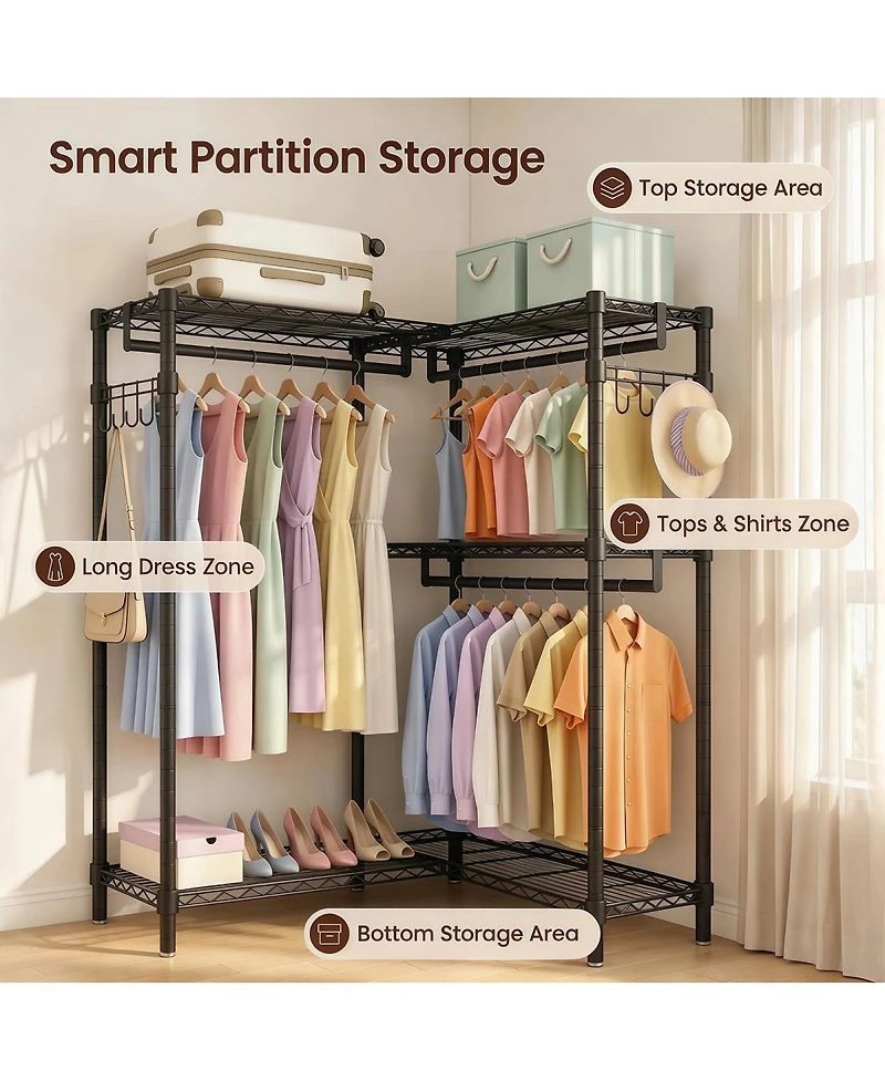 Streamdale Furniture L-Shaped Heavy Duty Corner Garment Rack with 3 Hanging Rods and 2 Hooks