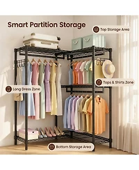 Streamdale Furniture L-Shaped Heavy Duty Corner Garment Rack with 3 Hanging Rods and 2 Hooks