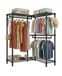 Streamdale Furniture L-Shaped Heavy Duty Corner Garment Rack with 3 Hanging Rods and 2 Hooks