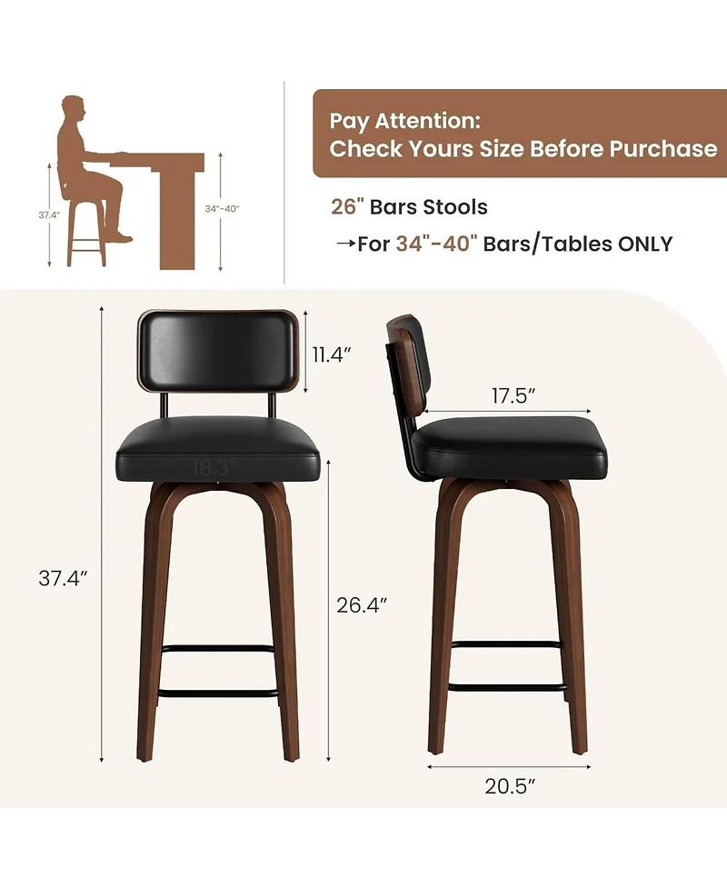 gaomon Swivel Bar Stools Set of 2, 26 Inch Upholstered Counter Height Bar Stools with Back and Walnut Wood Legs