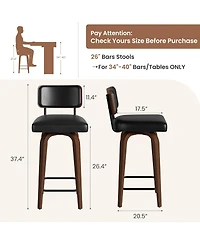 gaomon Swivel Bar Stools Set of 2, 26 Inch Upholstered Counter Height Bar Stools with Back and Walnut Wood Legs