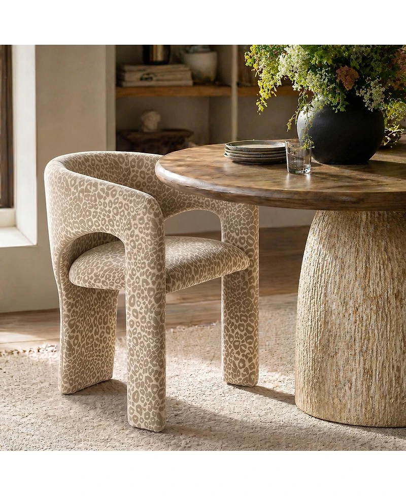 Maison Boucle Leopard Print Upholstered Dining Arm Chair Set of 2, Fabric, Curved Back, Padded Seat, Open Back Accent Seating