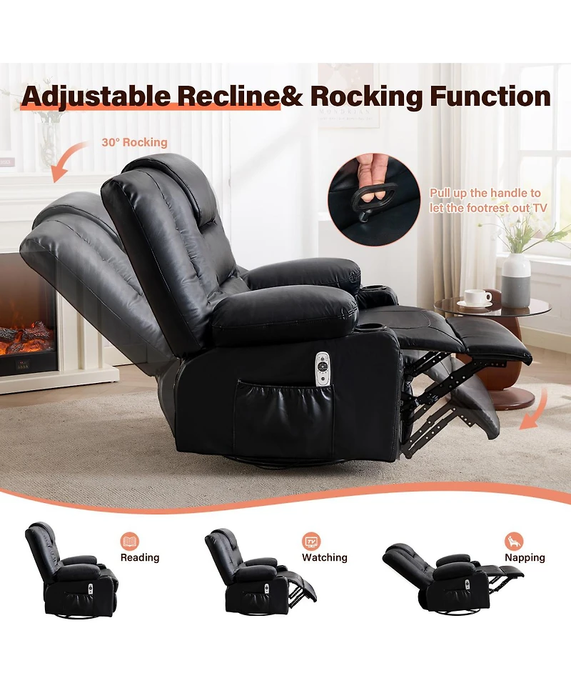 Streamdale Furniture Oversized Swivel Rocker Recliner with Massage, Heat, and Usb Port
