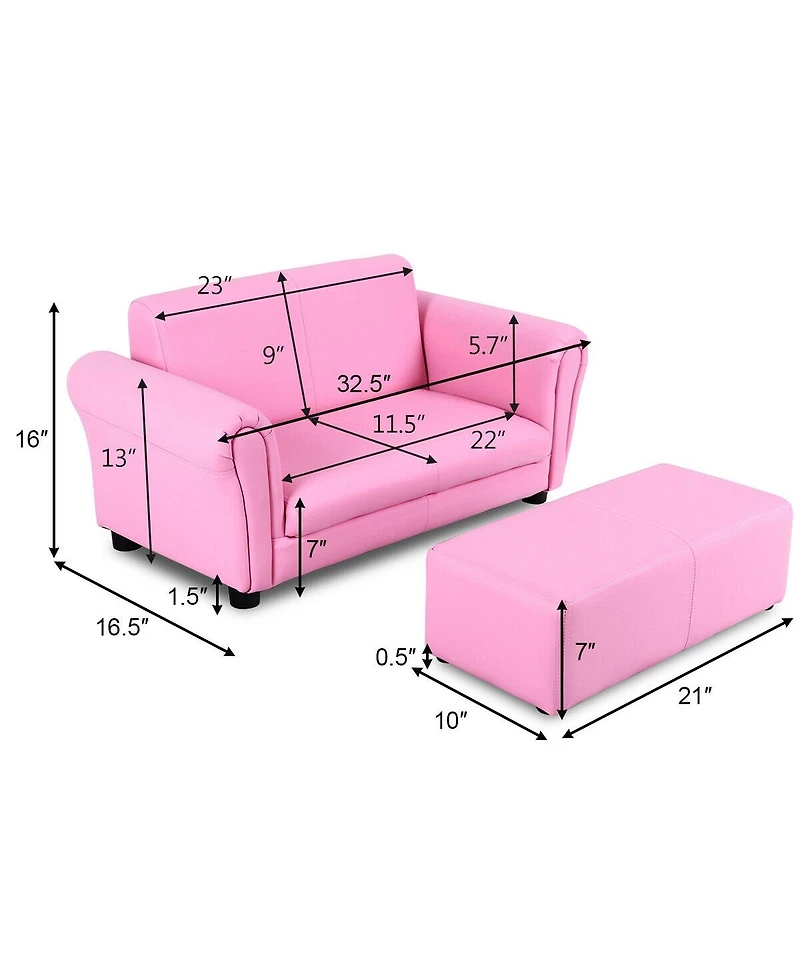 Gouun Kids 2-Seat Soft Sofa Set with Ottoman for Playroom and Bedroom, 32.5 inch
